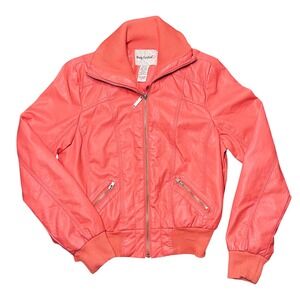 Body Central Women Lg Orange Faux Leather Bomber Jacket Collared Zip Up Rib Knit